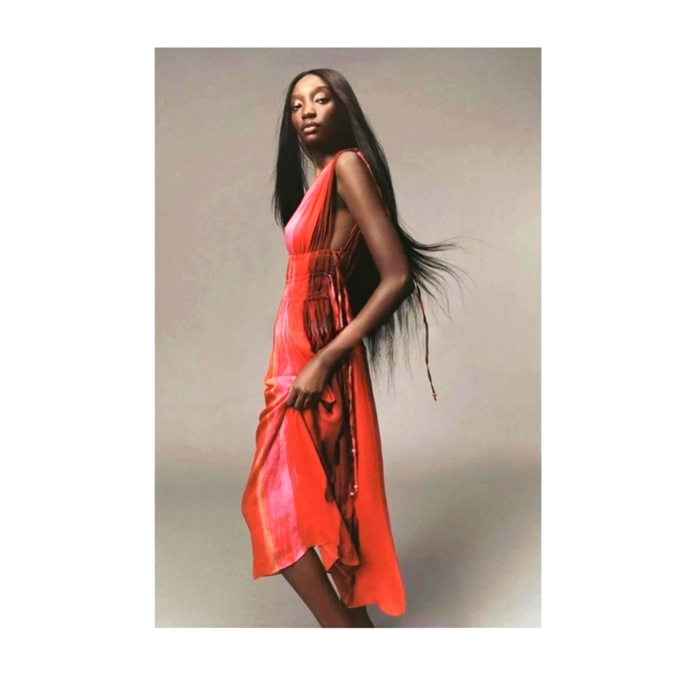 Zara Women Sleeveless V Neck Midi Dress Beaded Red Tie Dye NWT Viscose